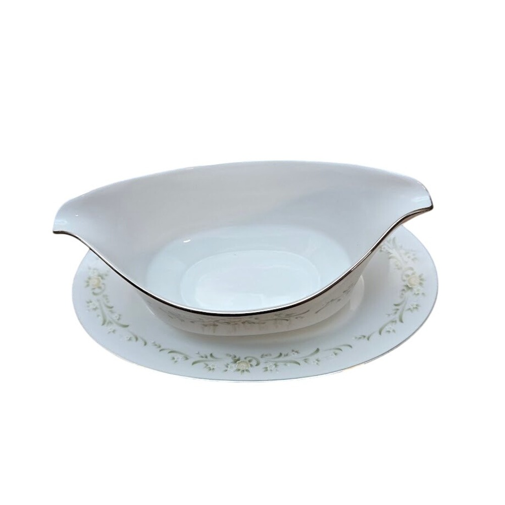 SANGO China Gravy Boat Attached Underplate Debutant Pattern Gold Trim - Picture 3 of 8